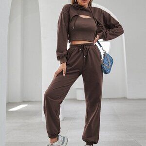 BROWN Super Cute Sexy Hoodie Loose Vest and Pants Set